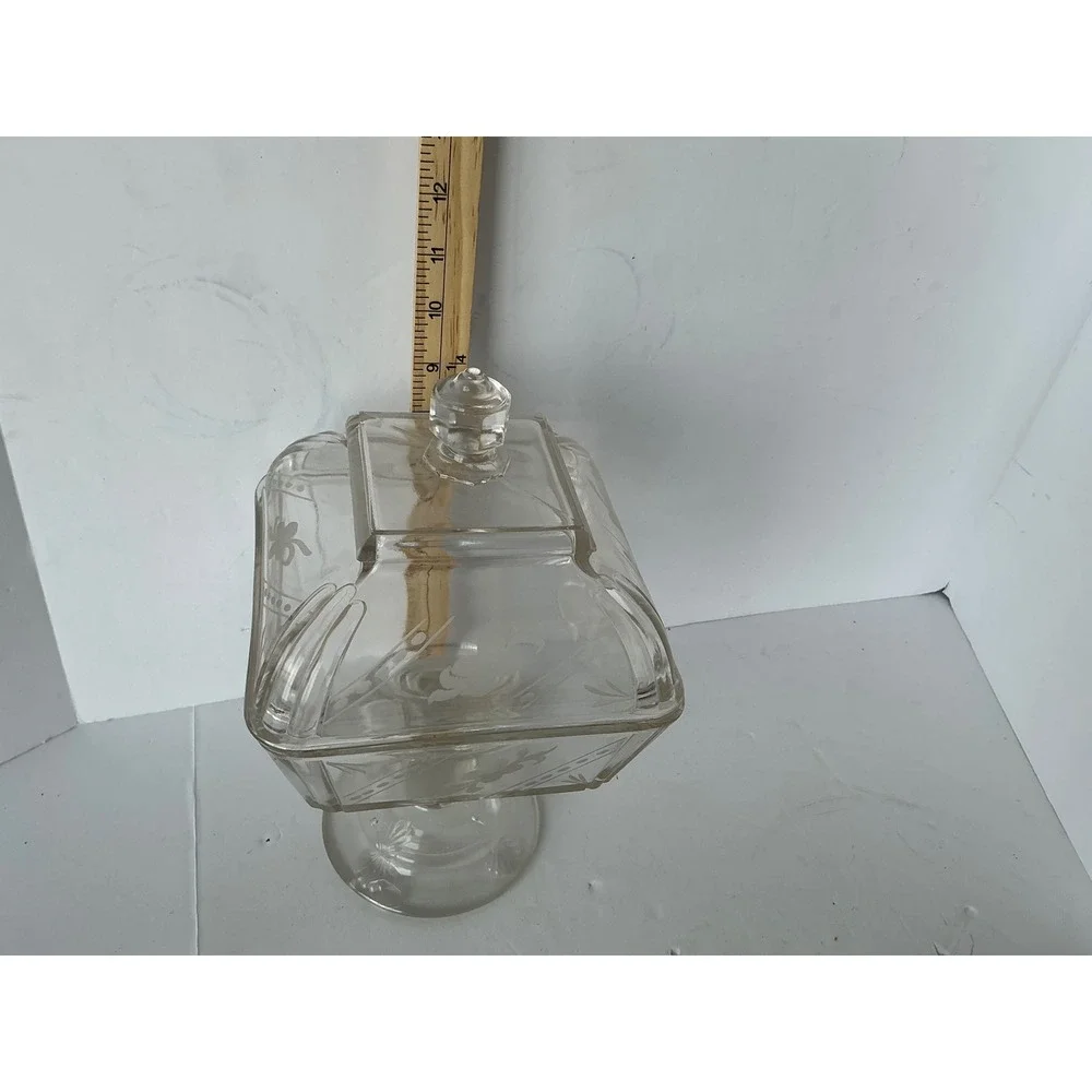 Vintage Glass Pedestal‎ Candy Dish Etched Floral Square Lidded Clear
